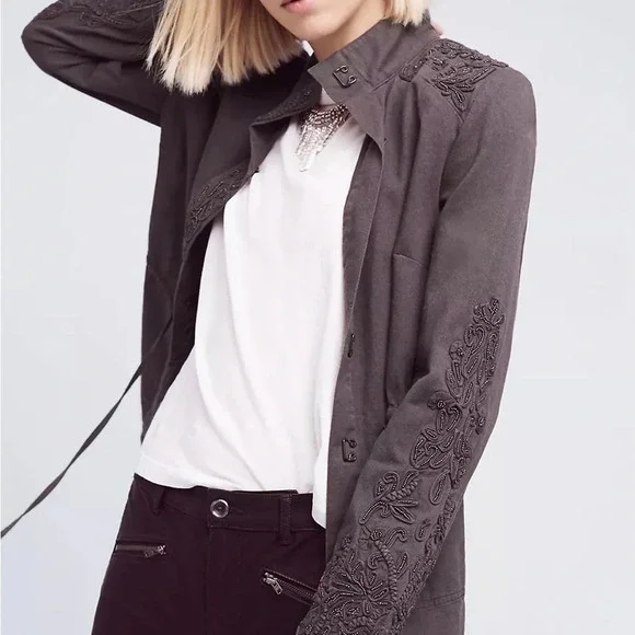 Anthropologie Love Sam XS Khaki Travis Beaded 100% Cotton Utility Jacket - Picture 3 of 14